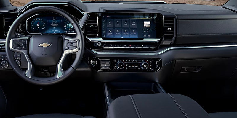 Front interior dashboard in black leather of 2026 Silverado 2500